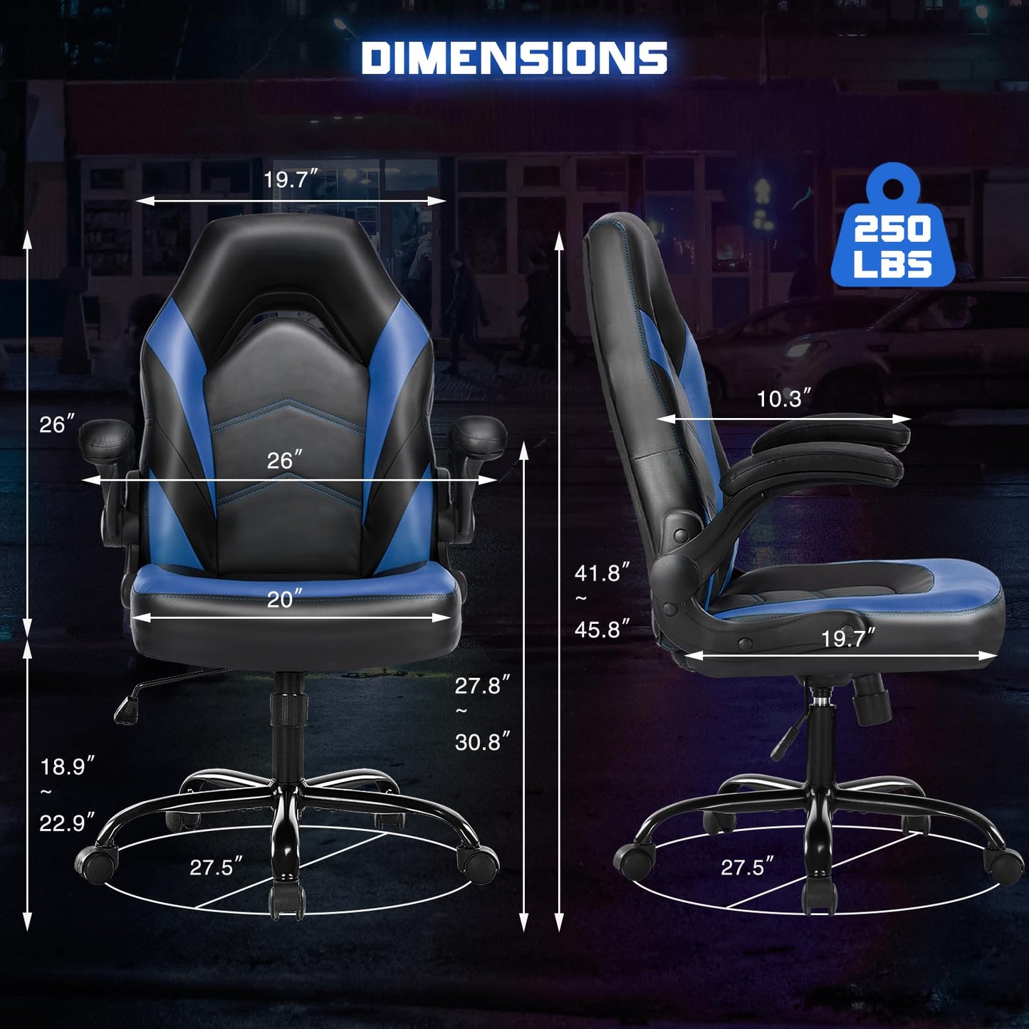 DUMOS Ergonomic Computer Gaming Chair - Home Office Desk with PU Leather Lumbar Support, Height Adjustable Big and Tall Video Game with Flip-up Armrest, Swivel Wheels for Adults and Teens
