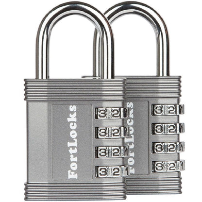 FortLocks Padlock - 4 Digit Combination Lock for Gym Outdoor & School Locker, Fence, Case & Shed – Heavy Duty Resettable Set Your Own Combo – Waterproof & Weatherproof (2 Pack - Silver)