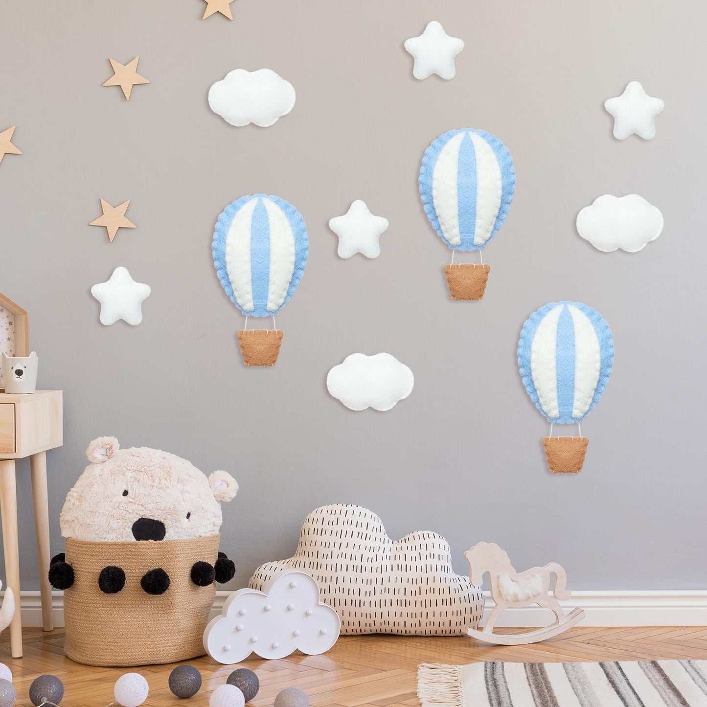 Poen 10 Pcs Star Hot Air Balloon and Cloud Nursery Decor Western Wall Decor for Bedroom Mini Felt Clouds Stars Hot Air Balloon Nursery Felt Wall for Kids Baby Bedroom(Blue)