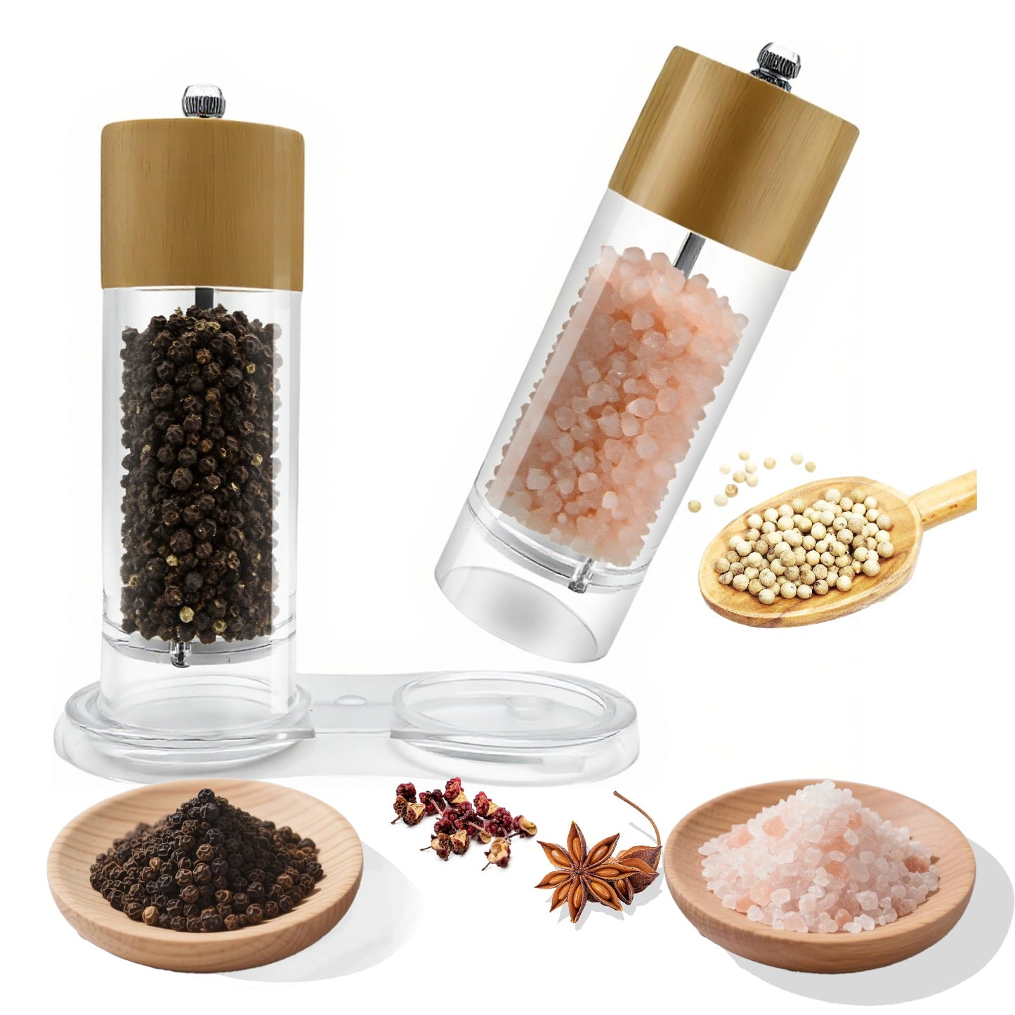 2 Pack 6'' Acrylic Salt and Pepper Grinder Set with Wood Base, Manual Pepper and Salt Mills with Adjustable Ceramic Core (Oak Wood)