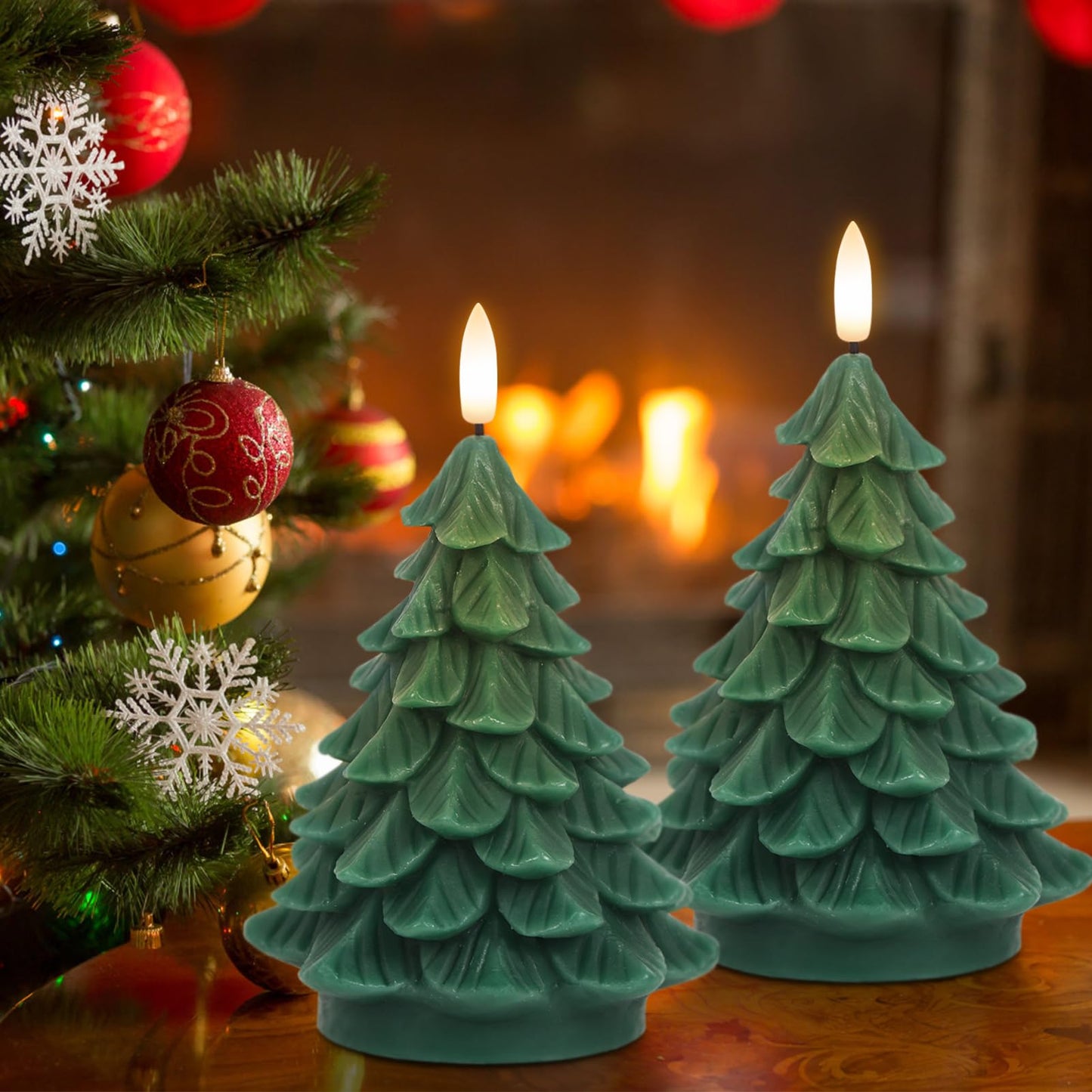 DRomance Christmas Tree Flameless Candles Battery Operated with 6 Hour Timer, 2 Pack Green Real Wax Lifelike Leaves 3D Wick LED Flickering Candles Dinner Party Holiday Indoor Decor(2.76" x 5.9")