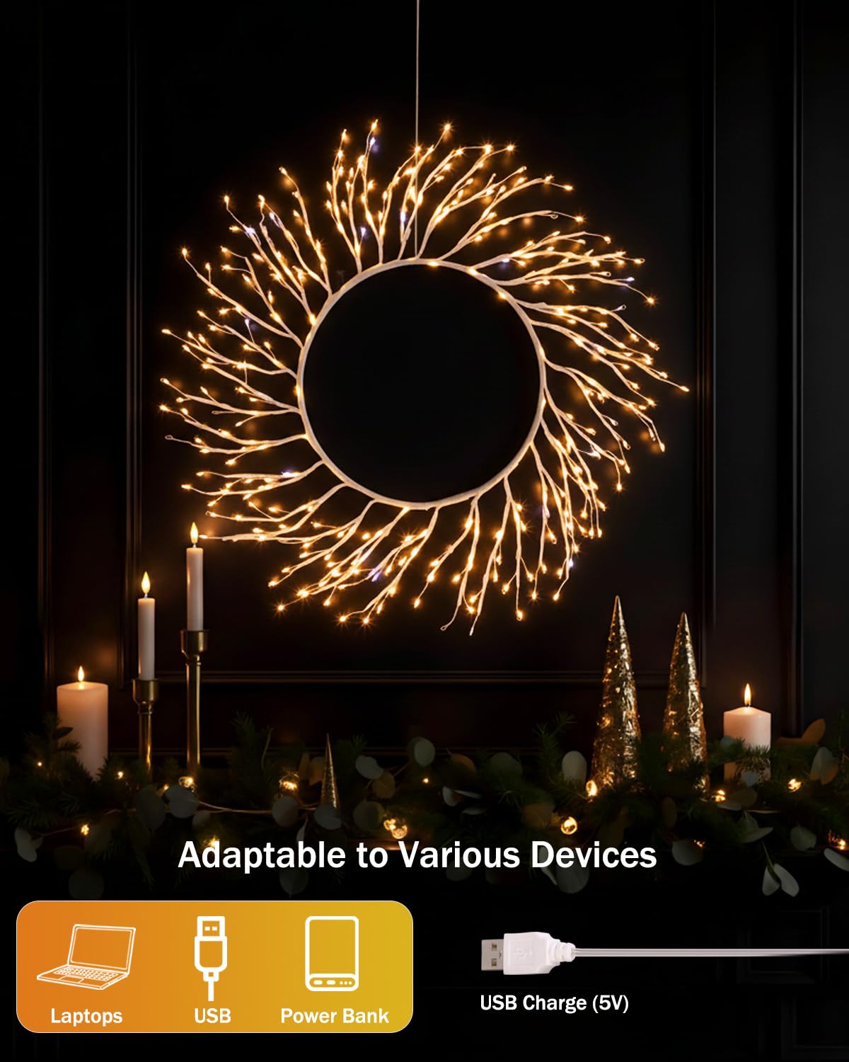 ooLALoo Christmas Window Lights Decorations, 22 Inch Christmas Wreath with 260 LED Fairy Lights, USB Operated Window Light Hanging for Holiday Wall Door Party Xmas Indoor Decor, White Twig