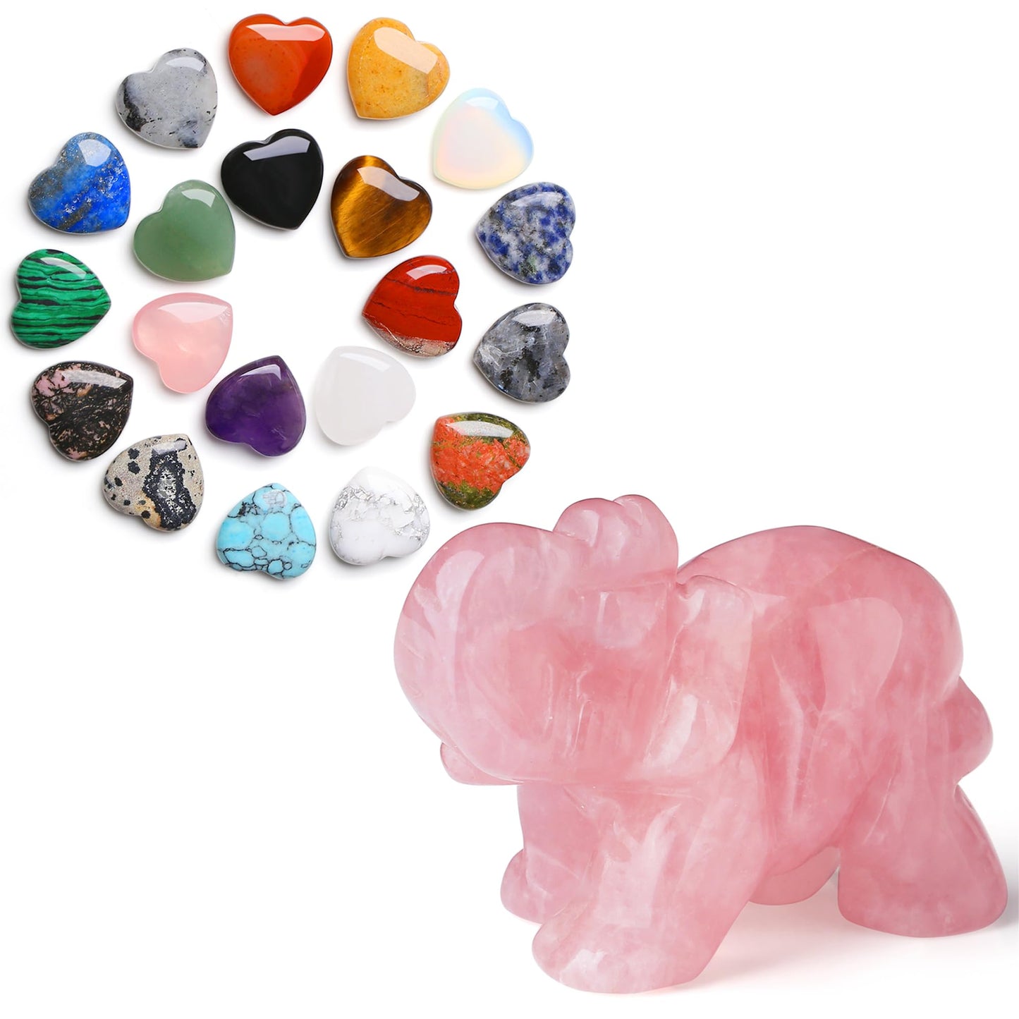 20PCS Natural Heart Healing Crystals and 2" Rose Quartz Elephant Decor Healing Crystal Cute Polished Natural Stone Pink Gemstones Energy Hippie Home Room Office Desk Decors Gifts for Women Men