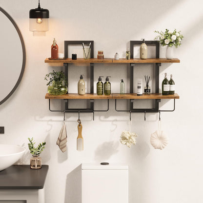 Creso hom Floating Shelves for Wall Set of 2, Wood Wall Shelf with 6 Hooks, 2 Tier Hanging Decorative Storage Shelves for Living Room Bedroom Bathroom Kitchen Office Coffee Bar, Rustic Brown