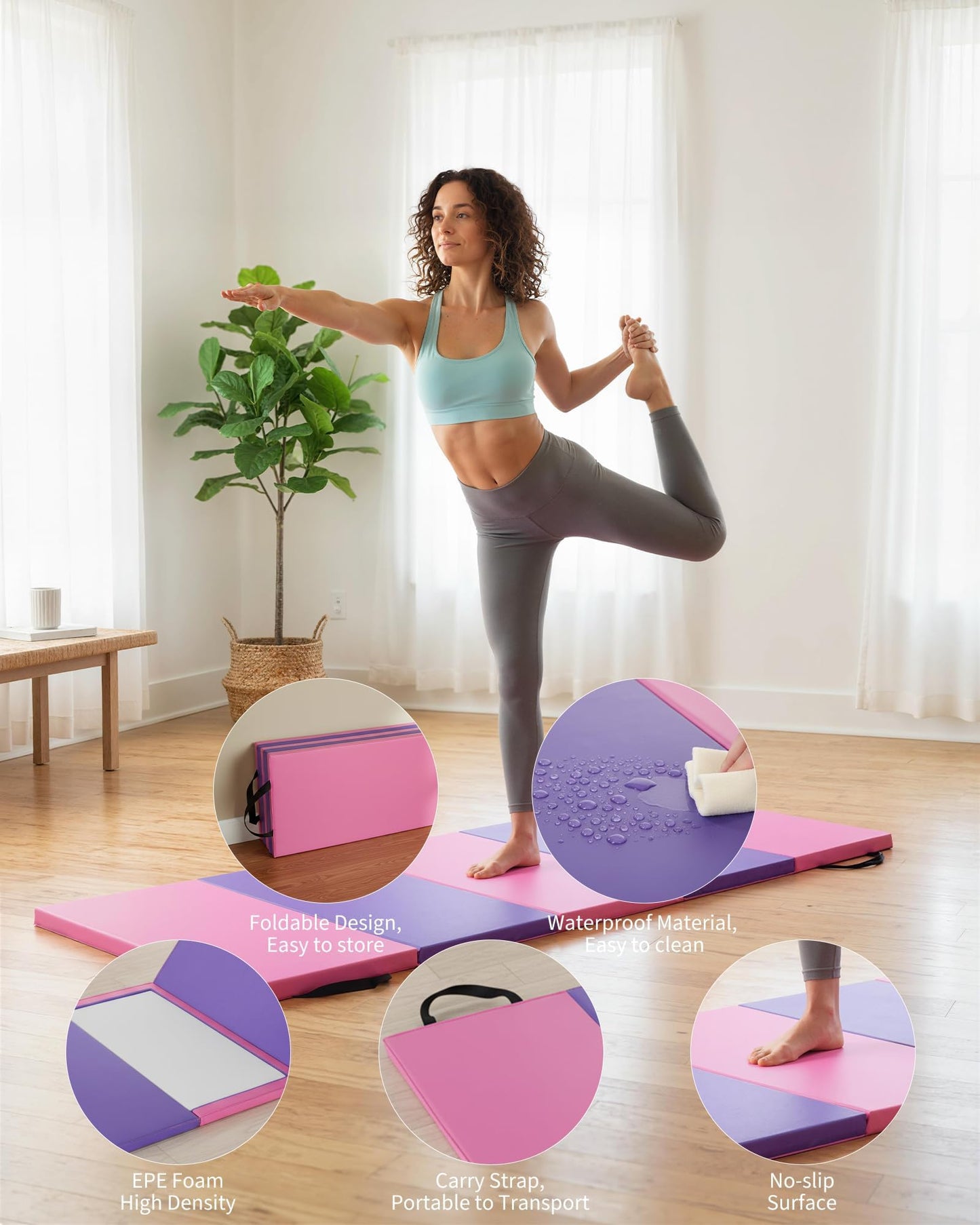 Folding Gymnastics Mat & Exercise Mats&Gymnastics Tumbling Mats-Thick Portable Home Gym Floor Pad for for Pilates, Aerobics, and Martial Arts Fitness Training，Five Pads Folding design