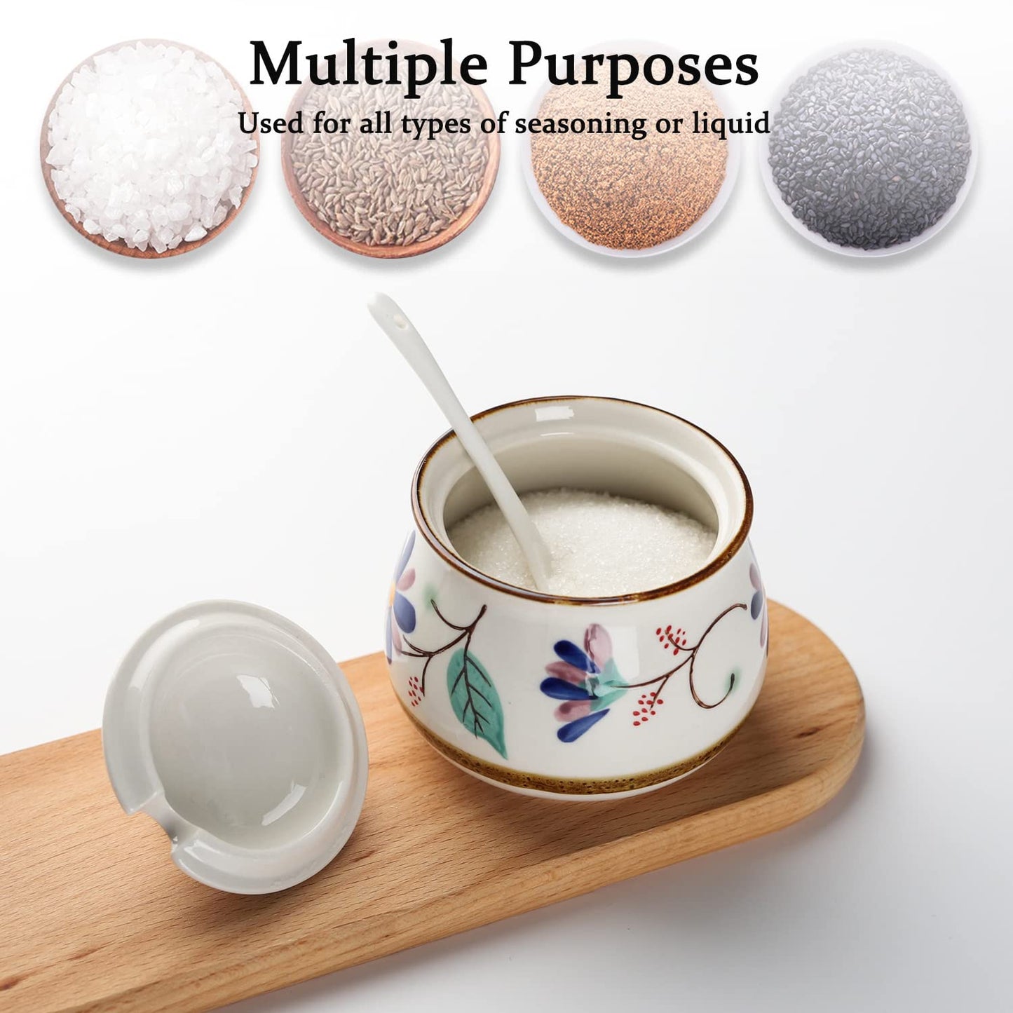 Evannt Porcelain Sugar Bowl Set of 2 Porcelain Sugar Jar with Lid and Spoon Sugar Canister Storage Container for Sugar Salt Spice Pepper Condiment (Style 2)