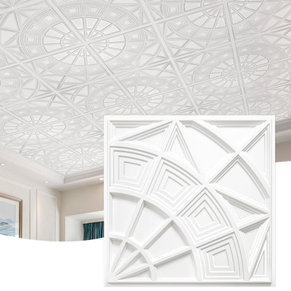 STICKGOO 3D Ceiling Tiles 24"x24", Modern Geometric Textured PVC Panels, Waterproof & Recyclable Drop or Glue-Up Decorative Ceiling Tiles for Home & Commercial Use (12 Pack, White)