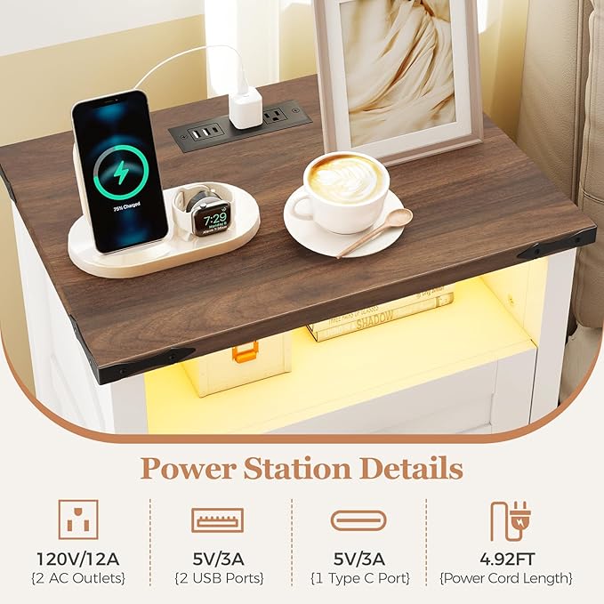 Turosur Night Stand with Charging Station 22" Large Farmhouse Nightstands with