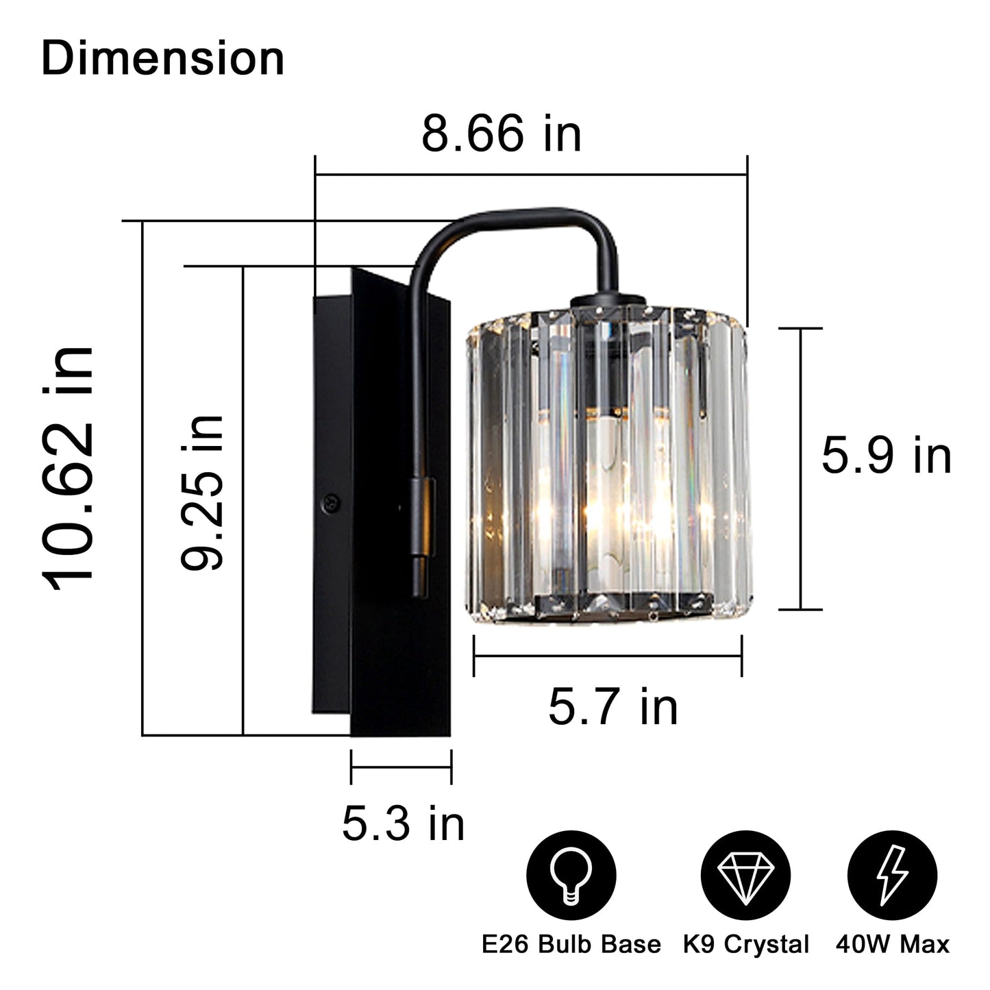 Grneric Crystal Wall Sconces,Black Sconce Wall Light Fixtures Modern Sconces Wall Lighting Single Indoor Wall Sconce for Living Room Bathroom Hallway Stairway Bedroom 10 Inch