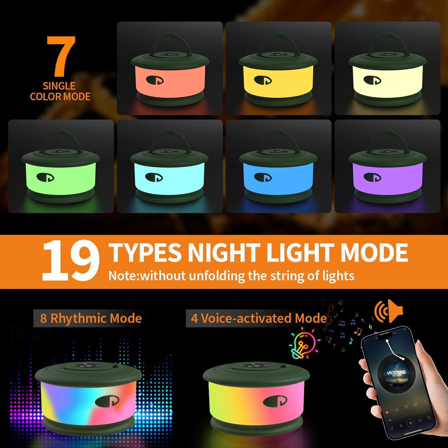 TOHETO Camping String Lights, 3 in 1 Upgraded Retractable RGB Outdoor String Lights with 19 Lighting Modes, Quick 30s Recovery, 32.8 FT Portable Tent Lights, Rechargeable Camping Lantern (Green)