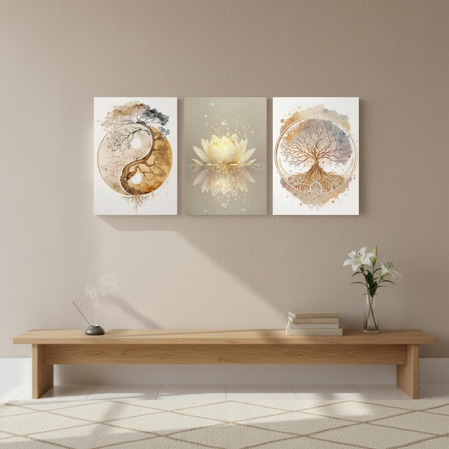 Tree of Life Wall Art Canvas Framed Set of 3 Lotus Zen Wall Decor Painting Poster Abstract YinYang Fall Art Picture Print Artwork for Living Room Yoga Room Bedroom Home Decoration 12x16 inch
