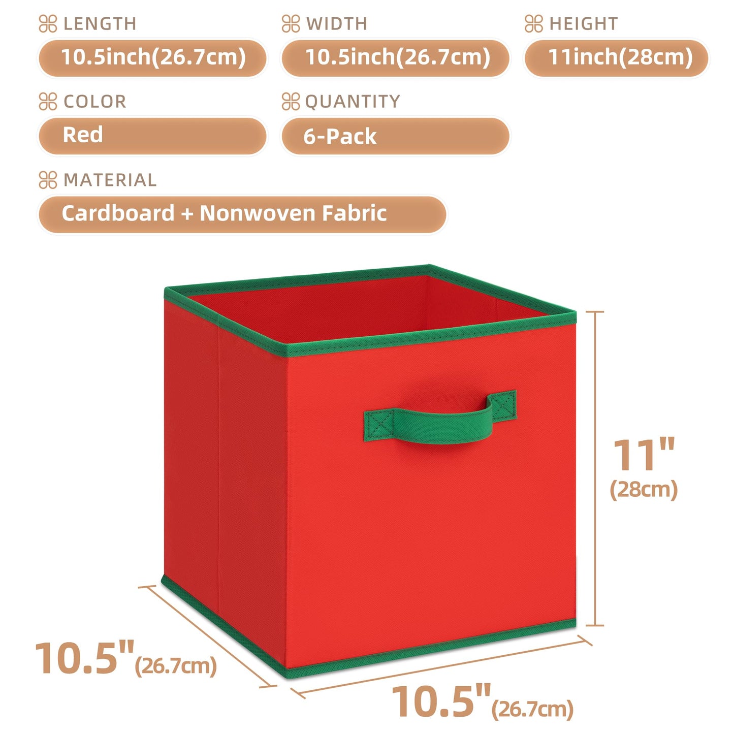 STORAGE MANIAC Storage Cubes, 11 Inch Durable 6 Pack Storage Shelf Basket for Christmas, Fabric Foldable Collapsible Bins with Handles for Organization, Closet, Shelves, Offices, Red