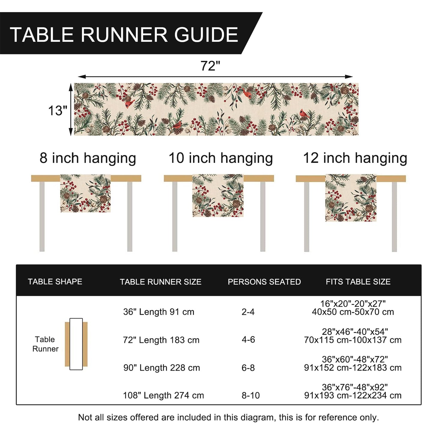 Seliem Winter Pine Needle Branches Table Runner, Pine Cone Cardinal Red Birds Berry Farmhouse Kitchen Dining Table Decor, Christmas Holiday Home Decoration Indoor Outdoor Party Supply 13 x 72 Inches