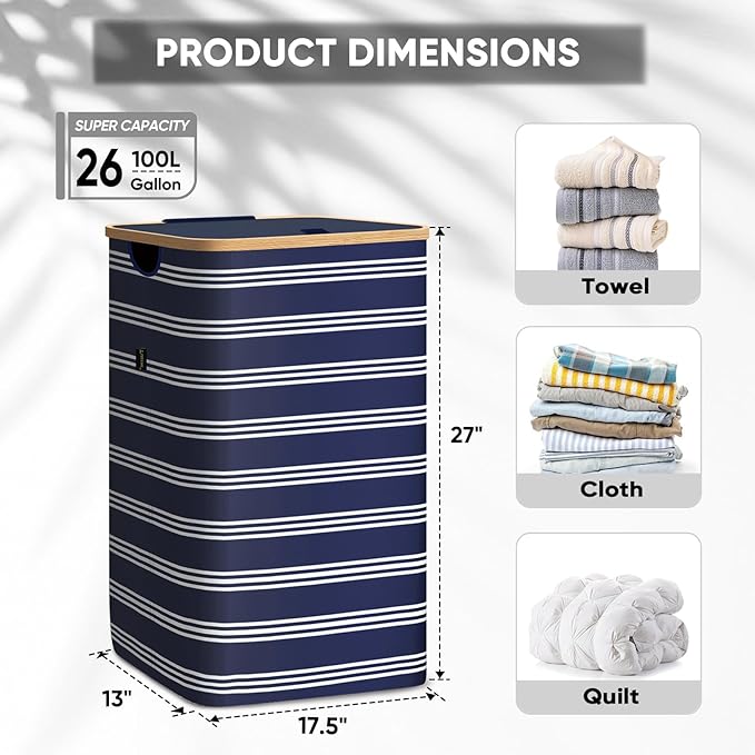 BALEINE Laundry Hamper with Lid, Tall Laundry Baskets with Bamboo Pull Handles