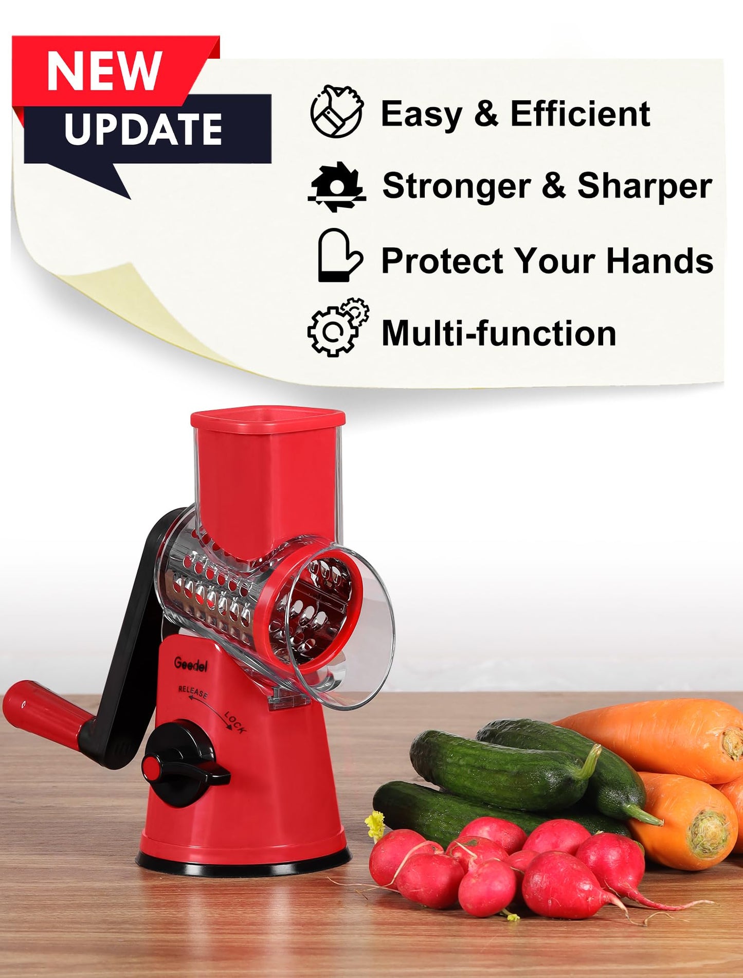 Geedel Rotary Cheese Grater Cheese Shredder - Upgraded 5-in-1 Cheese Grater with Handle and Strong Suction Base, Multi-purpose Vegetable Slicer Ice Shaver Nuts Grinder for Ice, Vegetables, Fruit, Nuts