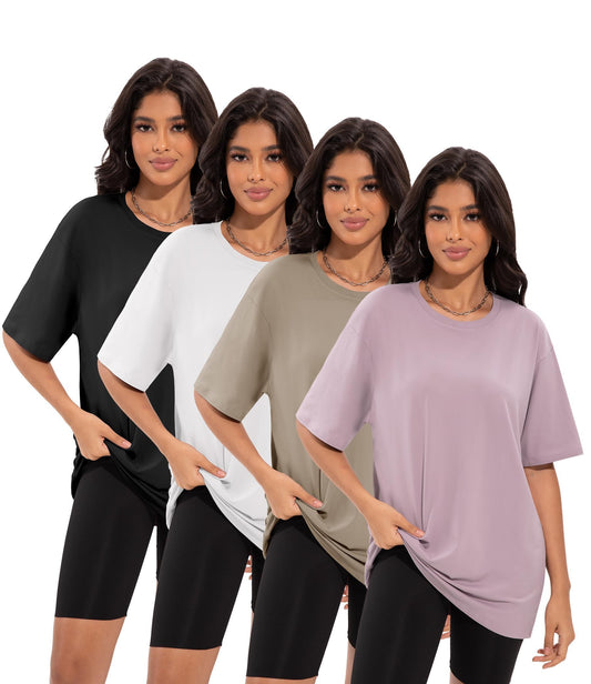 Siimcuzy 4 Pack Oversized Tshirts for Women, Loose Fit Crew Neck Summer Baggy Tops Workout Tees Plus Size T Shirts 1 Black 1 White 1 Dark Pink 1 Khaki Small
