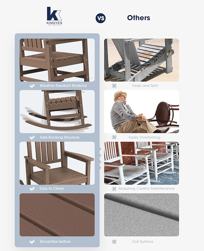 KINGYES HDPE Rocking Chairs Outdoor, Patio Rocking Chairs with 330lbs Support, Smooth Porch Rocker for Deck Lawn Yard, Brown