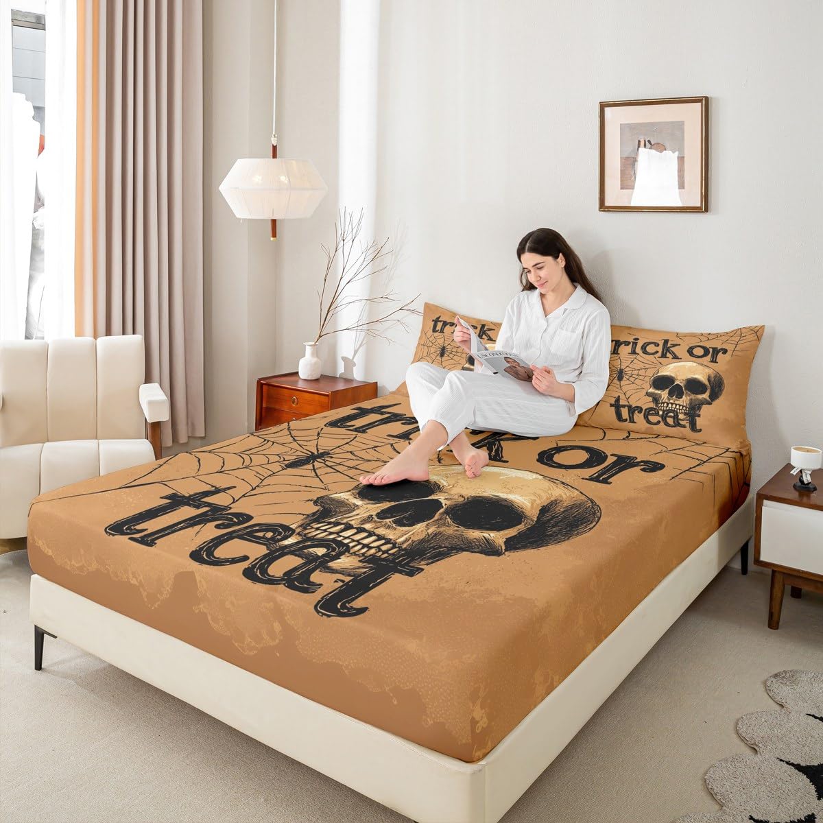 Feelyou Kids Halloween Bed Sheet Set Full Size, Trick or Treat Fitted Sheet Skull Decor Bedding Set Boys Girls Spider Web Teens Bedroom Decor Bed Set 3Pcs (No TOP Sheet)