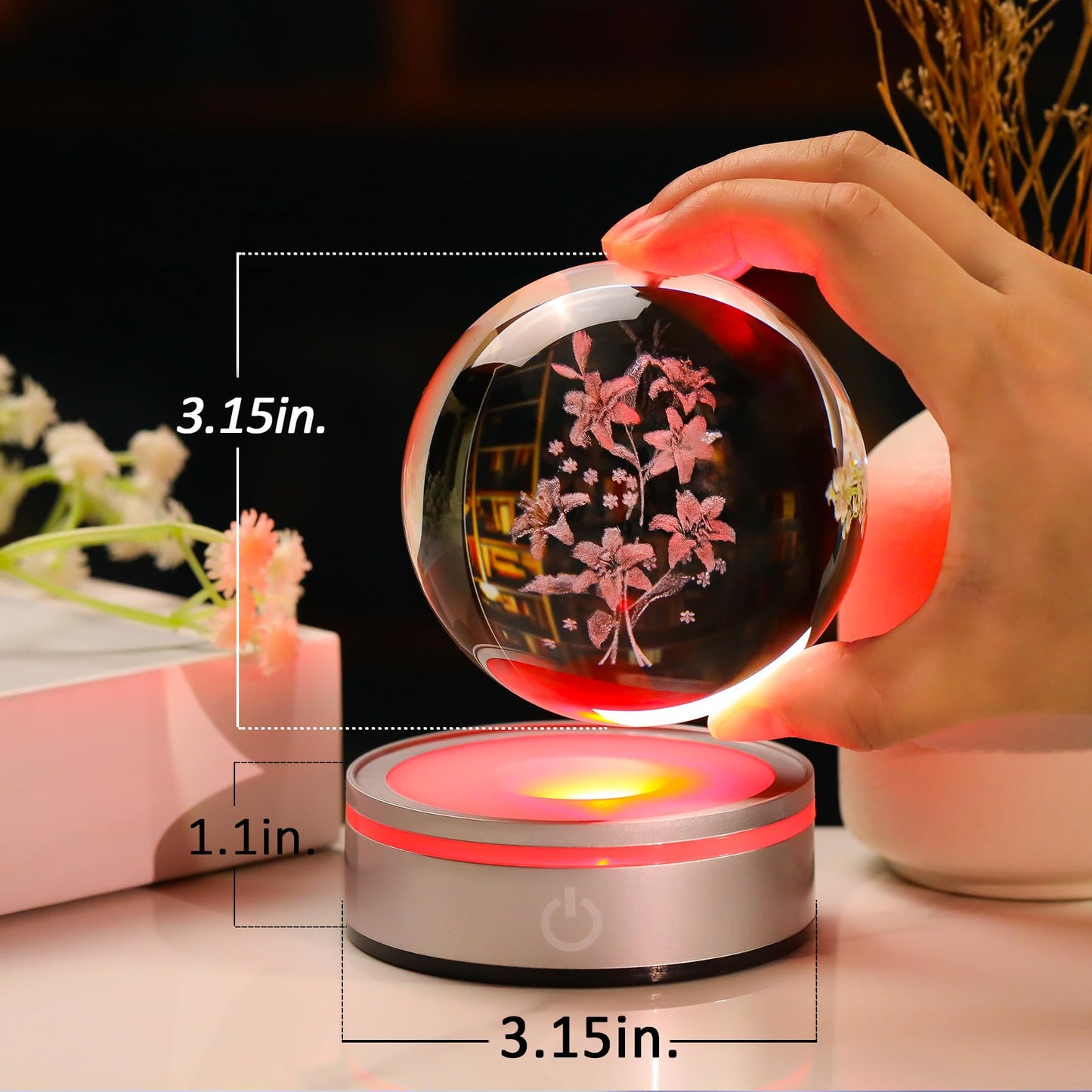 Movdyka 3D Laser Etched Lily Crystal Ball with Color-Changing LED Base