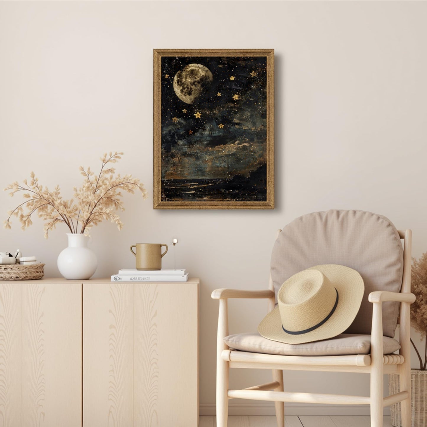 Palette Dreams Framed Vintage Moon and Stars Canvas Wall Art 12x16 inches