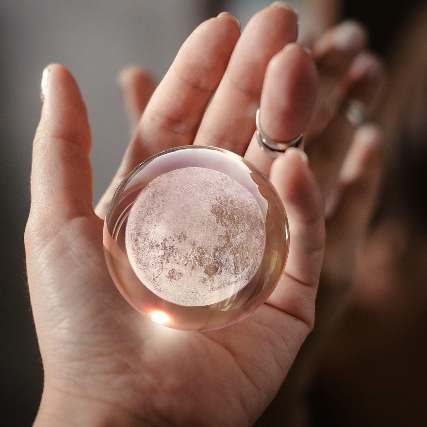Flexzion 3D Moon Crystal Ball Night Light - LED Light Hologram Glass Lamp with Solid Wood Base, USB Powered Crystal Ball Lamp with Adjustable Brightness for Home Decor Display Gift, 2.4inch(60mm)
