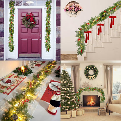 Christmas Garland Lights 6.56FT 40 LED Battery Operated Lighted Garlands with Timer Red Berry Pinecone Cypress Pine Garlands Wreath Christmas Decor for Mantel Stairs Porch Indoor Outdoor Home Decor