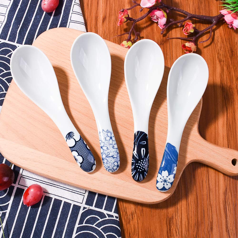 Japanese Soup Spoons set of 4, Blue and White Series Color Spoon for Soup Broth