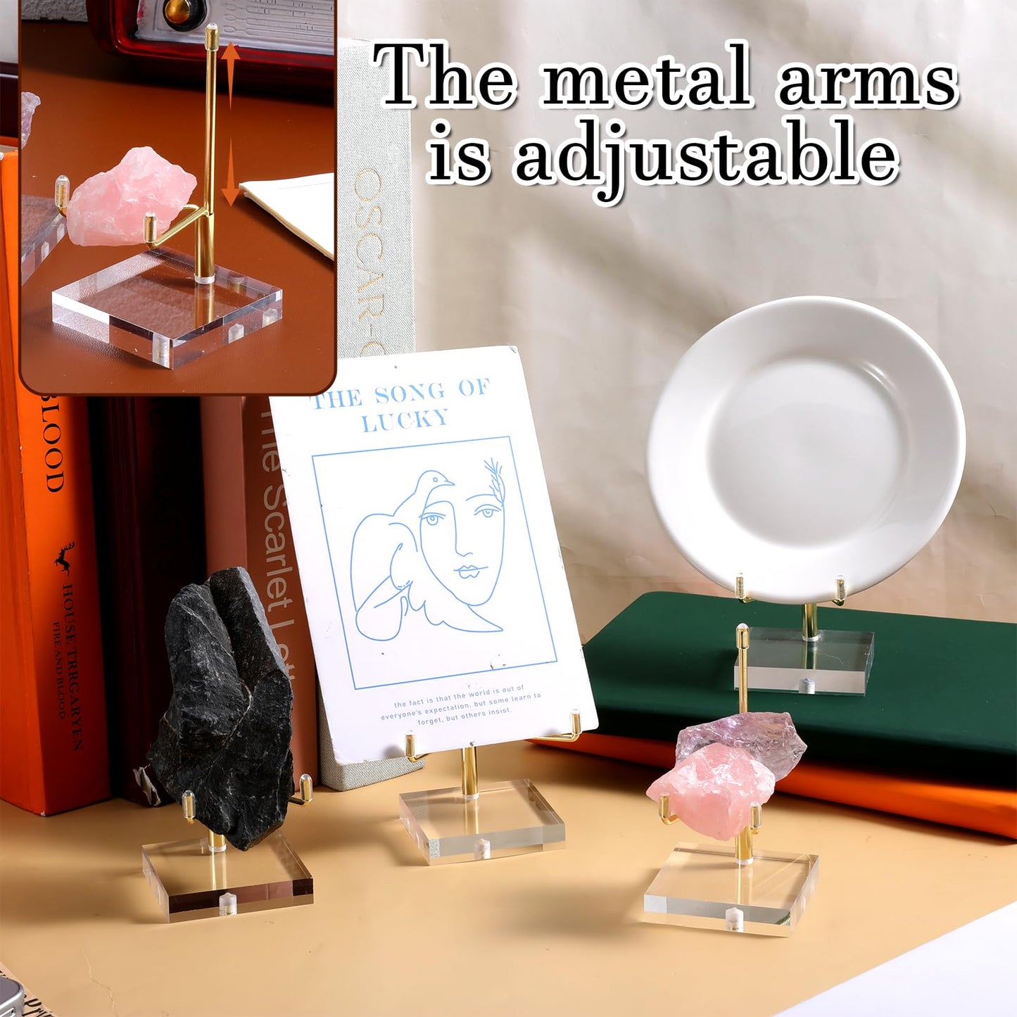 Oqqlin 12 Pcs Crystal Display Stand, 2 x 2 x 3.5 Inch Gold Rock Crystal Stand with Acrylic Base Adjustable Metal Arm Display Stands for Mineral, Agate, Geode, Picture