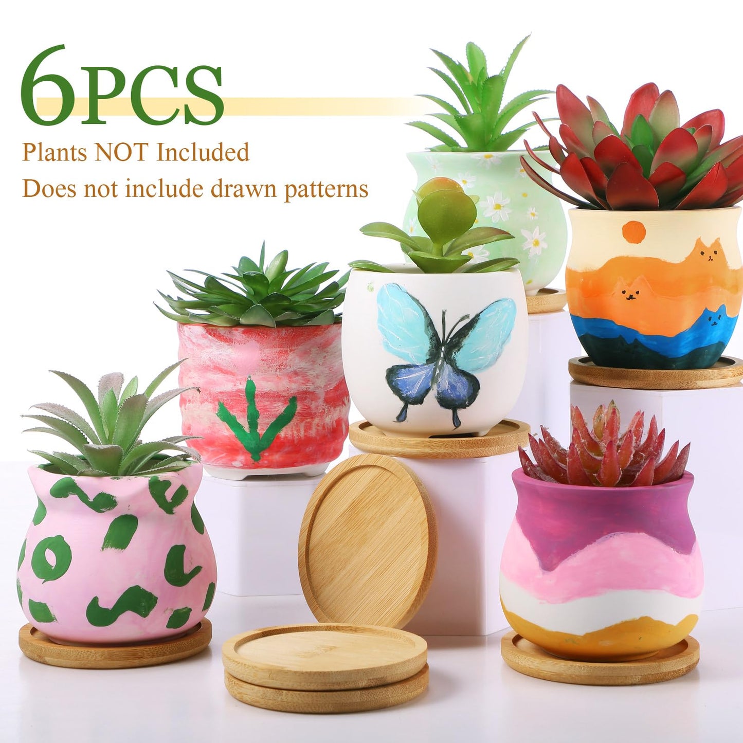 Remerry 6 Pcs 3.5 Inch Mini Succulent Pots with Bamboo Tray White Ceramic Pots Color Your Own DIY Small Planters Containers for Flower Cactus with Drainage Hole for Plant Lover