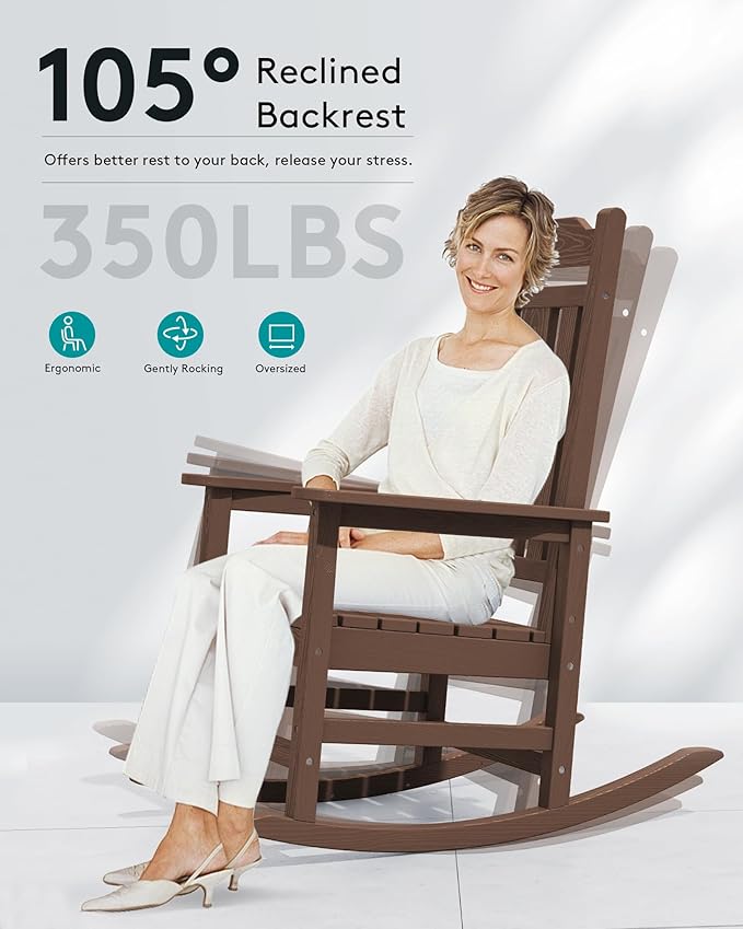 SERWALL Oversized Rocking Chair Set of 4 Outdoor, HDPE Outdoor Rocking Chair Set of 4, Coffee