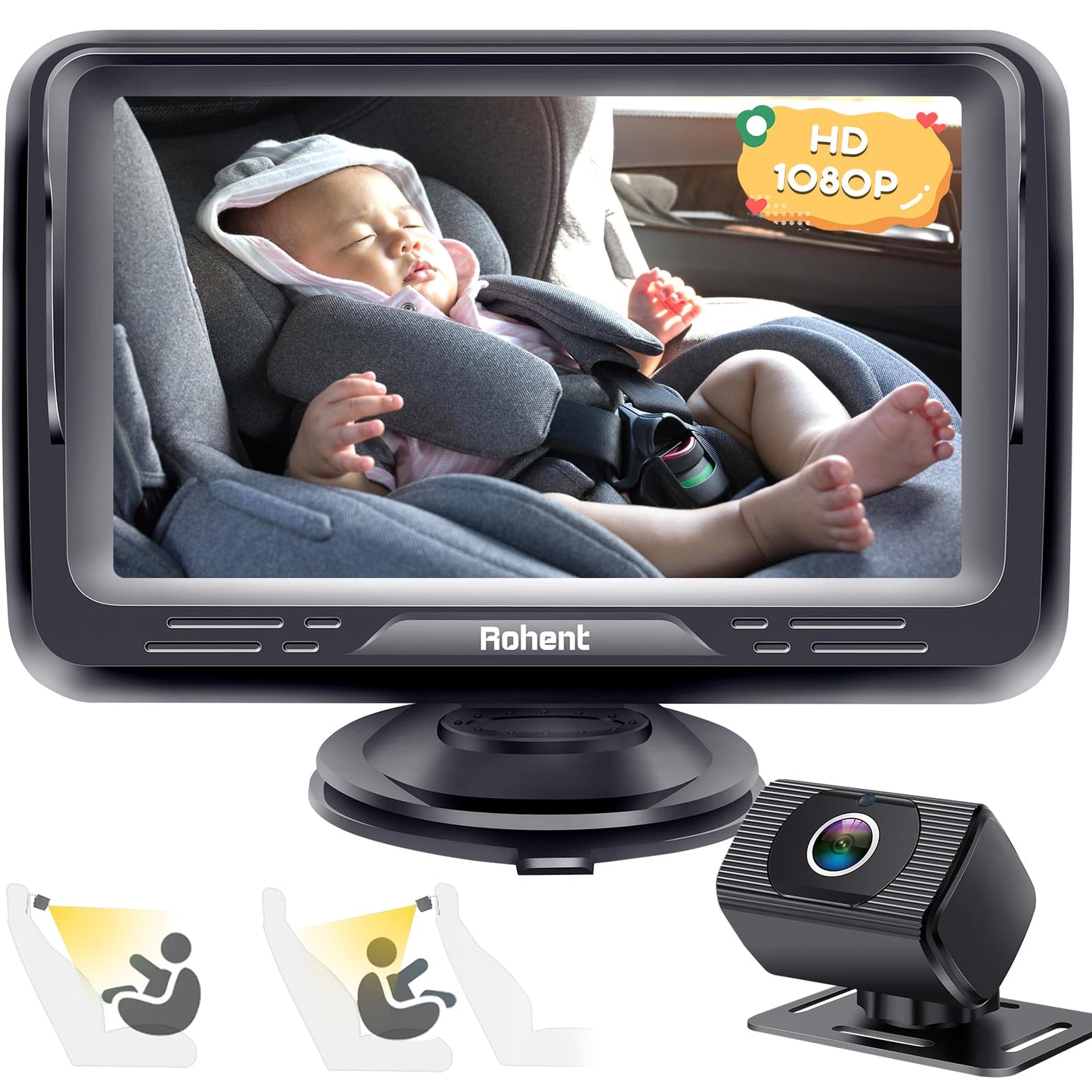 Baby Car Camera HD 1080P Baby Car Mirror 5 Mins Easy Installation Crystal Night Vision Infant Travel Safety Kit Rohent N06, Black, 4.3 Inch Screen