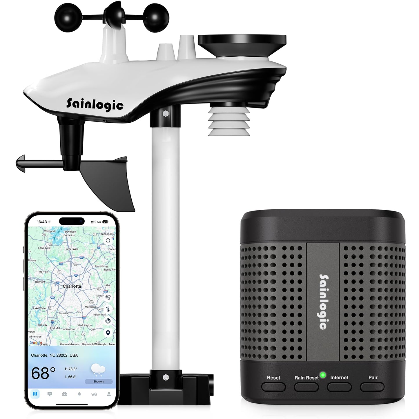 Sainlogic SA7 Wireless Weather Station, Indoor Outdoor WiFi Thermometer with Weatherseed AI 24H/7D Forecast, 2-Year Cloud Data Storage (No Screen, Supports 2.4G Only)