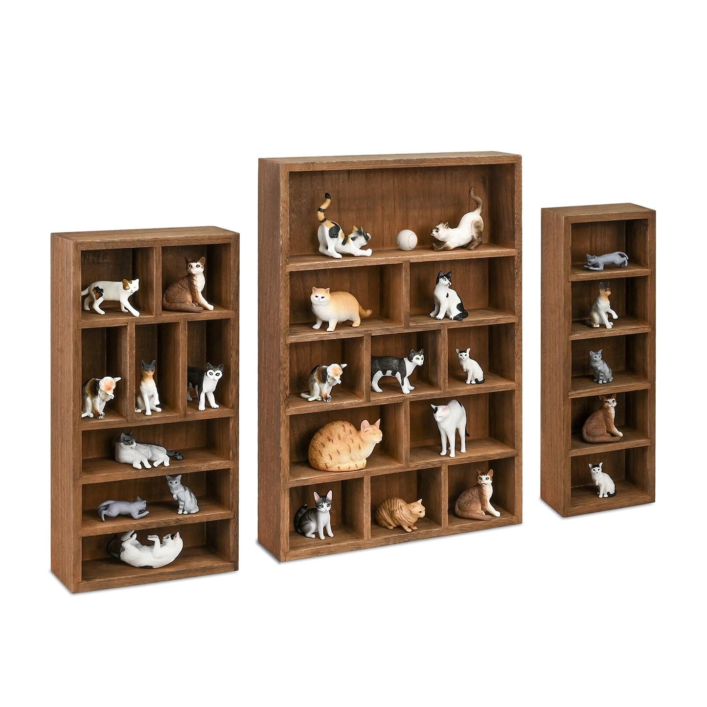 Ikee Design 3 Pcs Set Wall-Mounted Wooden Shadow Cubby Box Display Shelf with 24 Compartments Storage Display Case for Collectibles, Trinkets, Mini Figures, Brown Color, 19.9W x 2.3D x 14.8H in