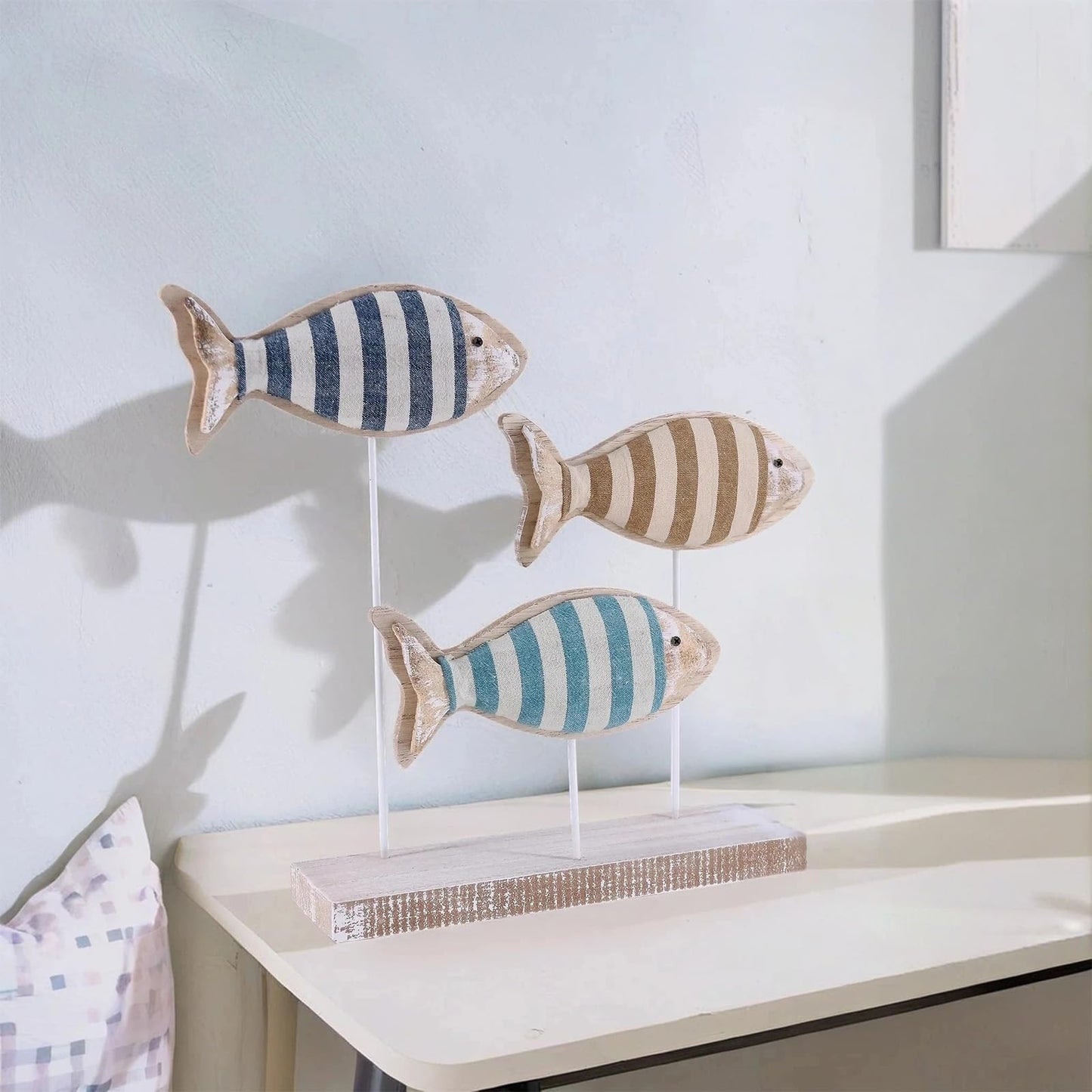 NAUTIMALL Wooden Fish Figurines with Jute Rope and Cotton String, Fish Sculpture Statues for Home Decoration, Table Top Nautical Decor for Living Room, Bedroom, Beachhouse Home Decor (StripedFish-3)