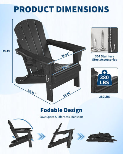 GarveeLife Folding Adirondack Chair Set of 2 with Side Table, All-Weather HDPE Outdoor Chair, Wooden Textured with Cup Holder for patios, Decks, Gardens, fire pits, Black