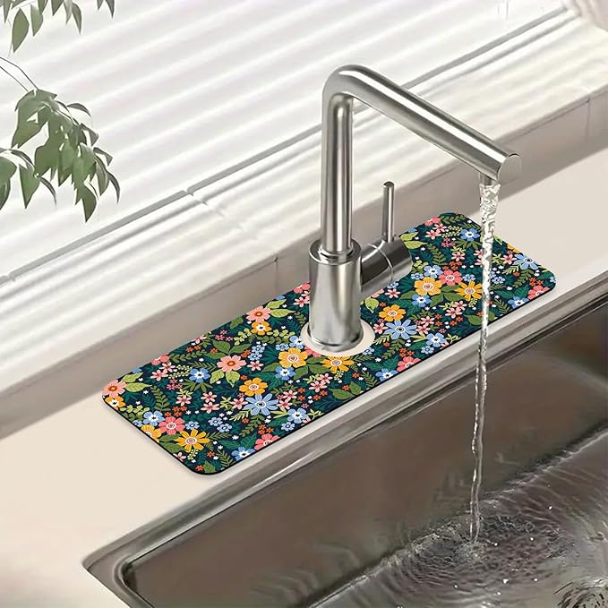 Colorful Flower Sink Splash Guard Faucet Mat Flowers Leaves Super Absorbent