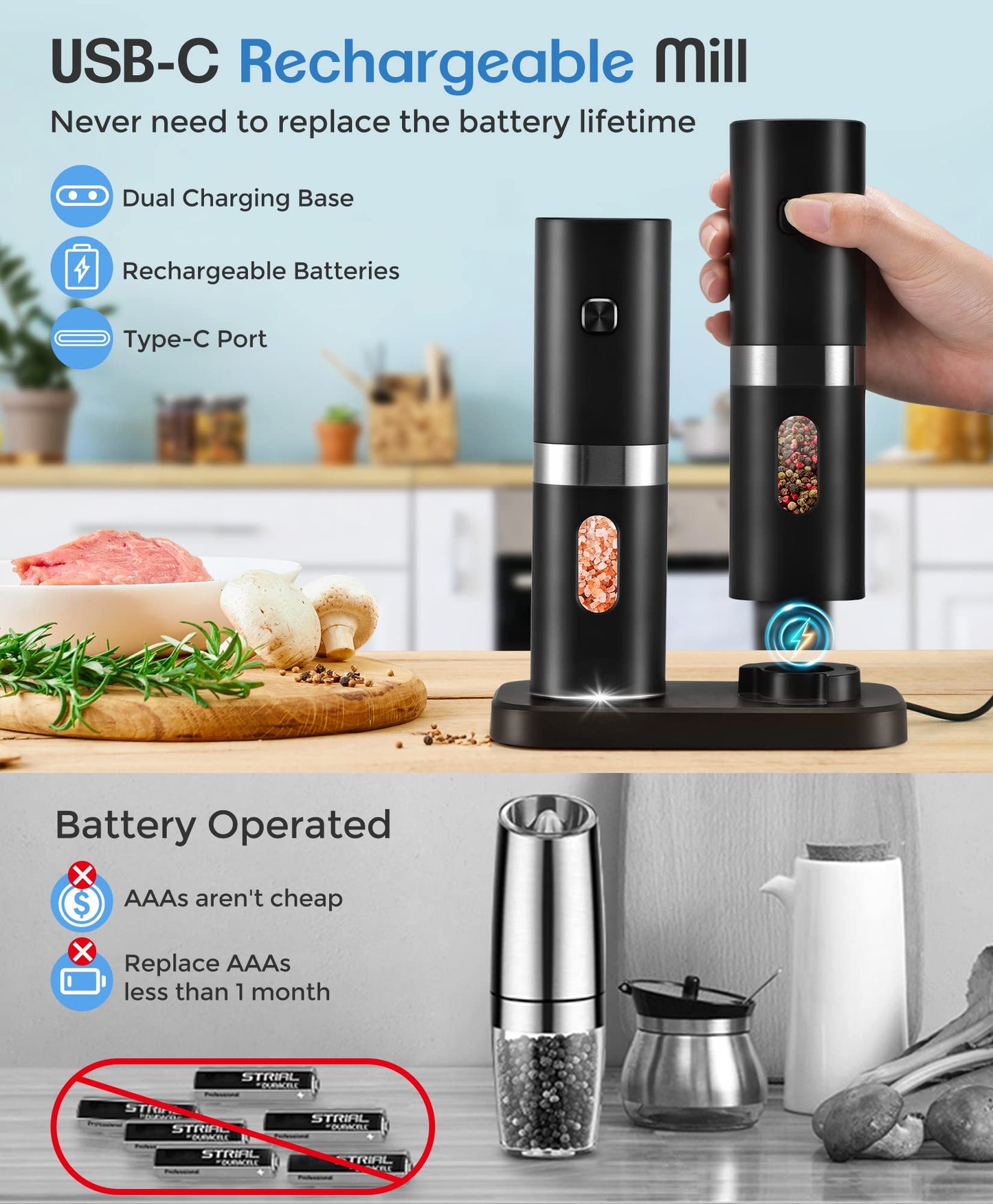 Electric Salt and Pepper Grinder Set, New Rechargeable Salt and Pepper Mill with Charging Base, Adjustable Coarseness Shakers with LED Light, One Hand Operation for Kitchen Appliances Gifts for Women