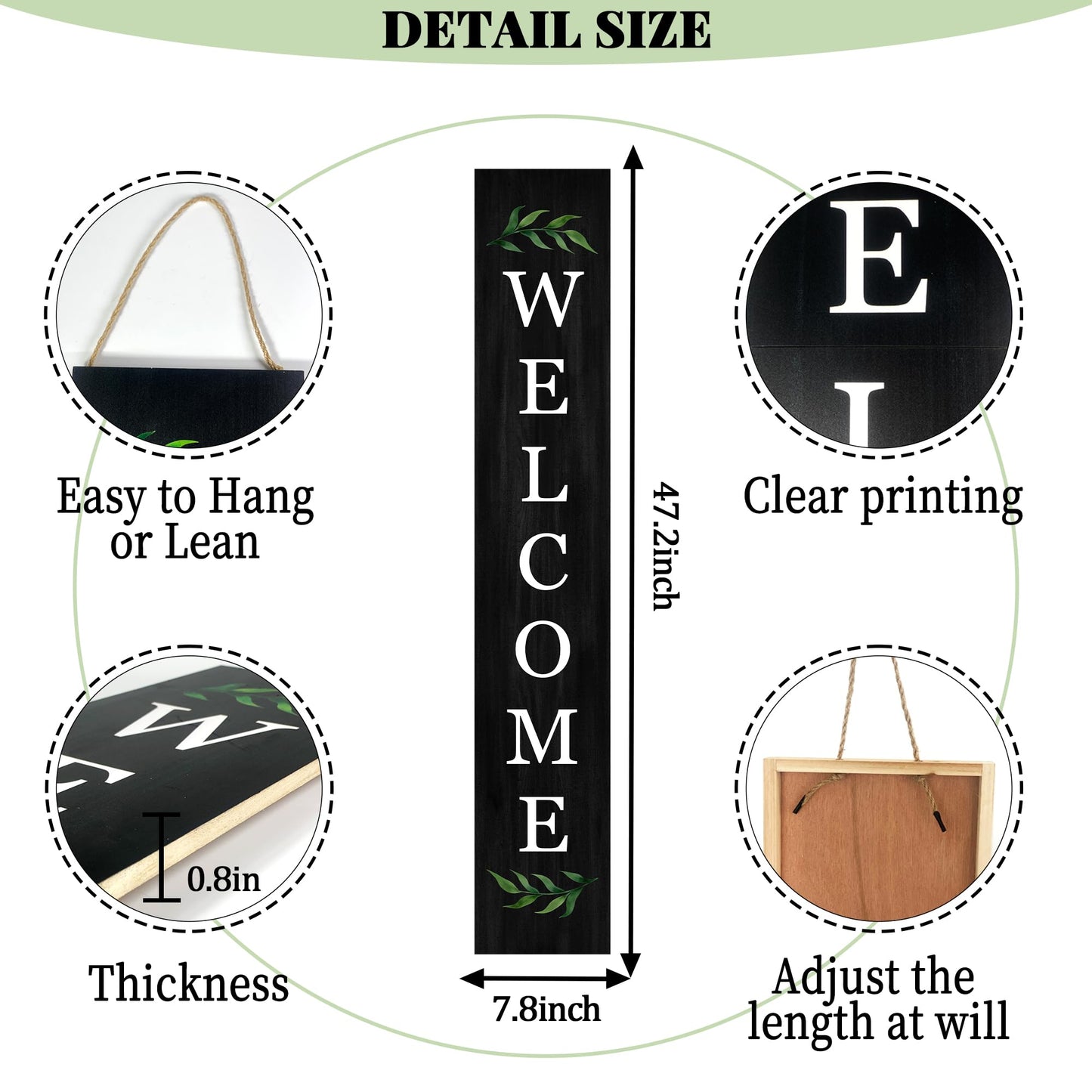 Welcome Wooden Porch Sign 47" Front Door Rustic Standing Large Welcome Porch Sign for Home Front Door Yard Season Party Decor (Black)