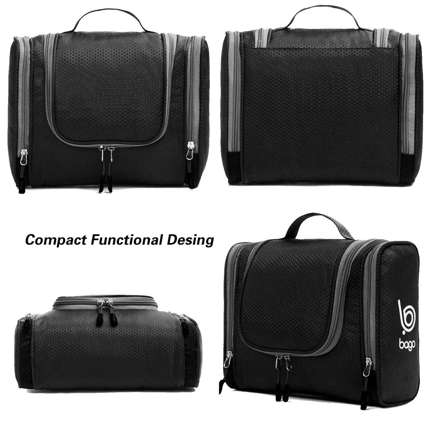 Bago Travel Hanging Toiletry Wash Bag - Large Waterproof Organizer for Women and Men - Cosmetic Essentials (Black)
