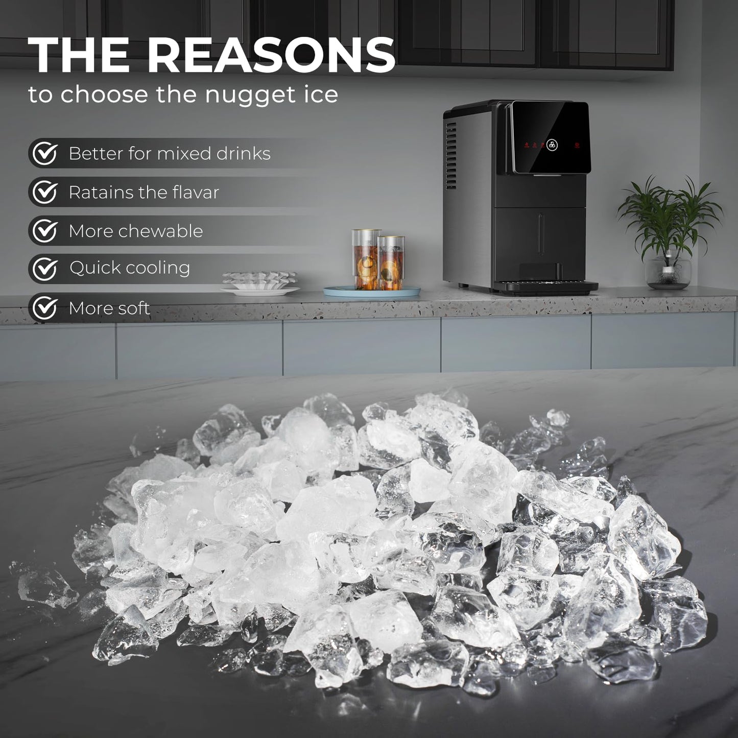 Electactic Nugget Ice Makers Countertop, Portable Ice Maker with Self-Cleaning, 35Lbs Per Day, Self Dispensing Design, One-Click Operation, 1.8L Water Tank, 1.5Lbs Ice Storage, for Multi-Scenario Use
