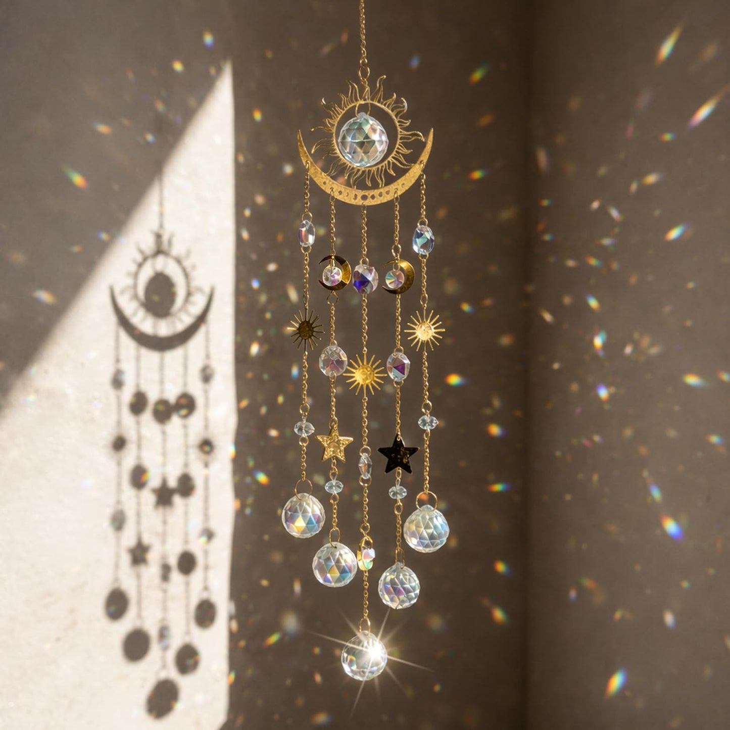 Sun and Moon Crystal Suncatcher for Window Hanging, Prism Sun Catcher with Chain and Hook, Rainbow Maker for Ceiling Porch Indoor Window Home Garden Christmas Day Party Wedding Decoration