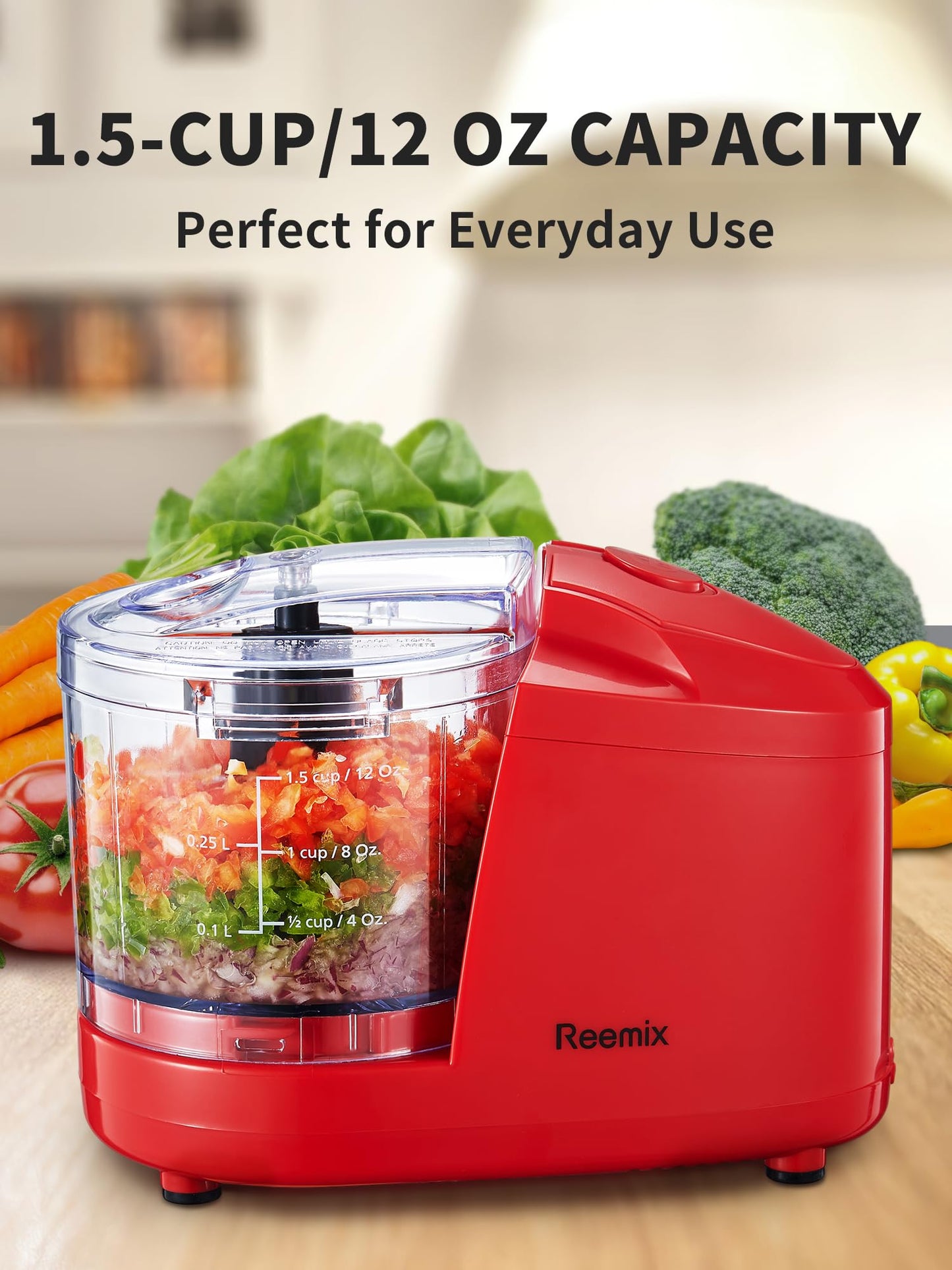 Reemix 1.5-Cup One-Touch Electric Food Chopper, 100W Mini Food Processor Meat Grinder, Mix, Chop, Mince and Blend Vegetables, Fruits, Nuts, Meats, Stainless Steel Blade (Black)