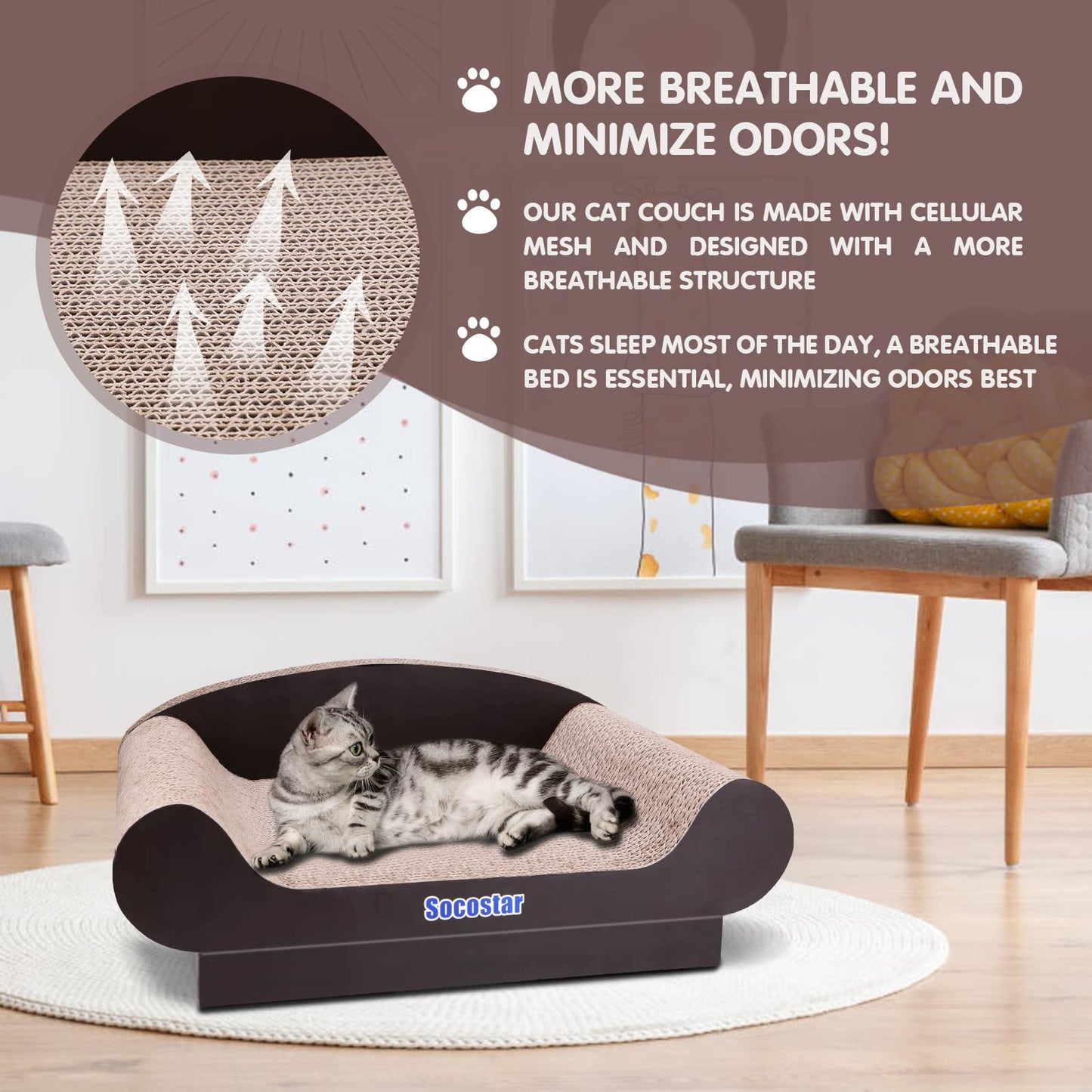 Socostar Cat Couch Bed Pad, Cardboard Cats Scratcher Furniture with Catnip, Large Scratch Sofa for Indoor Cats, Wear Resistant and Durable Cat Scratching Board