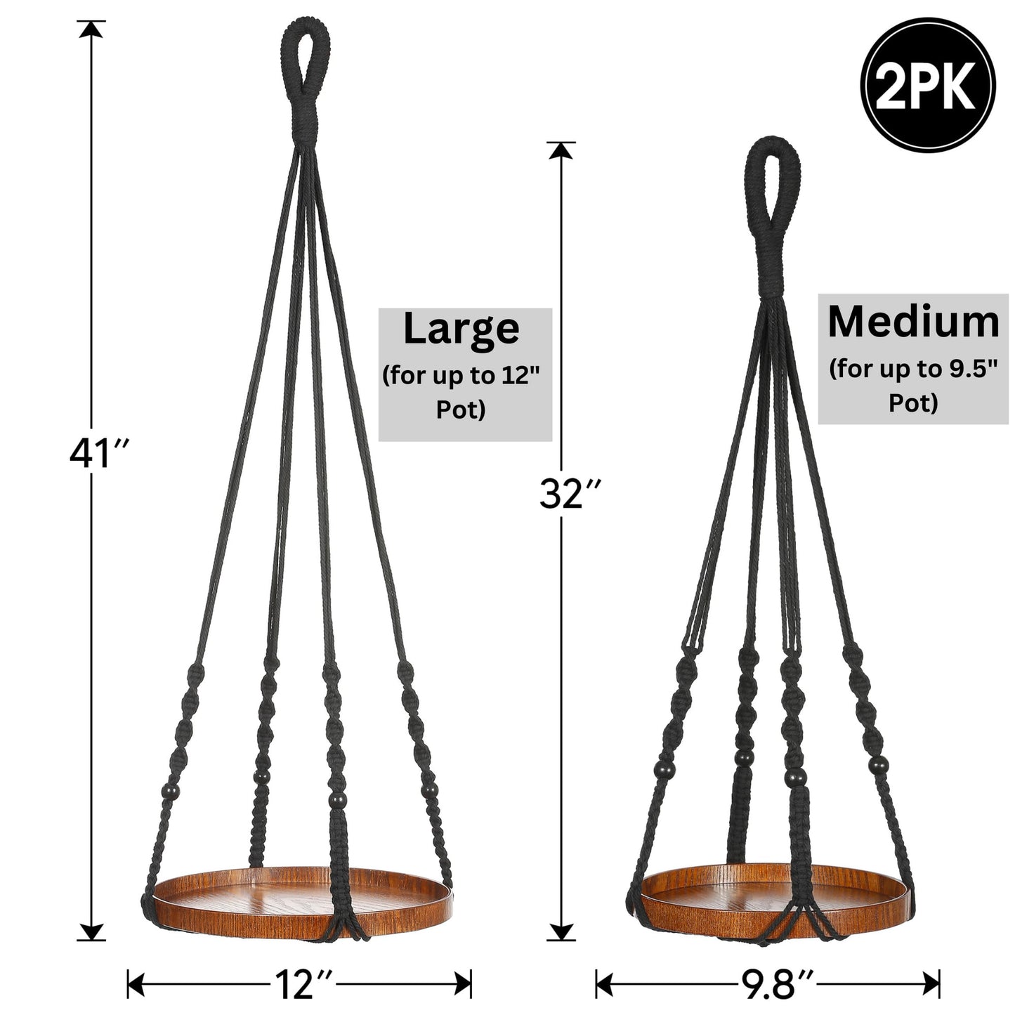 Shineloha 2 Pack Macrame Plant Hanger | Plant Hanger Indoor, Hanging Planter Shelf | Hanging Planter (Black) (1 Large + 1 Medium)