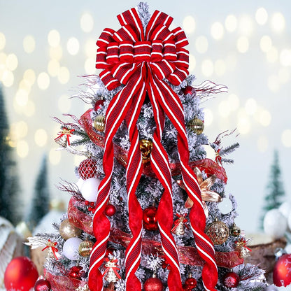 Christmas Tree Topper Bow Large Red Christmas Wreath Bow Tree Topper, Flocking Fabric with White Raw Edge Gift Bows for Xmas Ornament Holiday Home Thanksgiving Indoor/Outdoor Decor 52x13 Inches