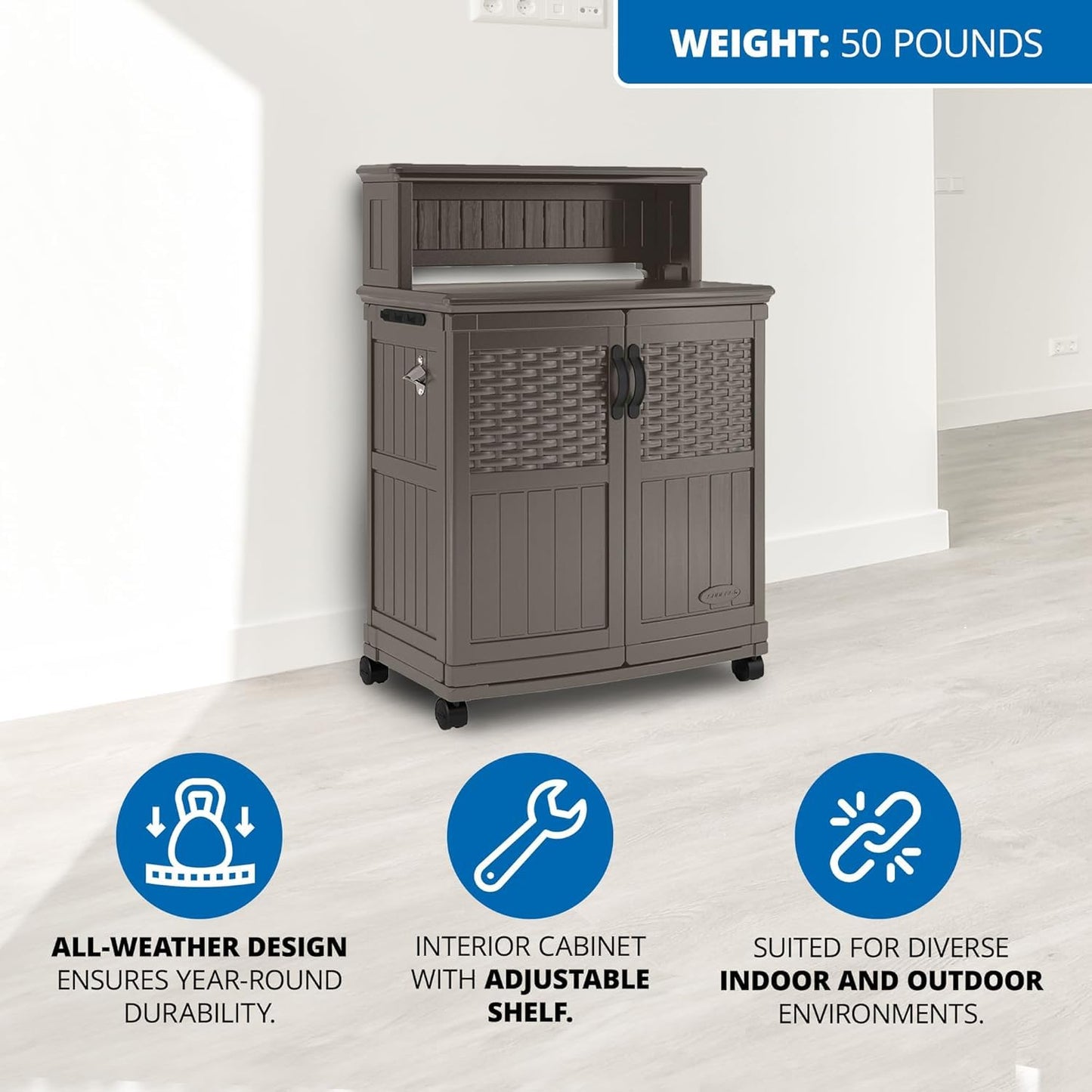 Suncast Patio Plastic Storage and Prep Station with Decorative Wicker Pattern and Multi Wall Panels for Patio, Garden, and Lawn Use, Stoney Gray