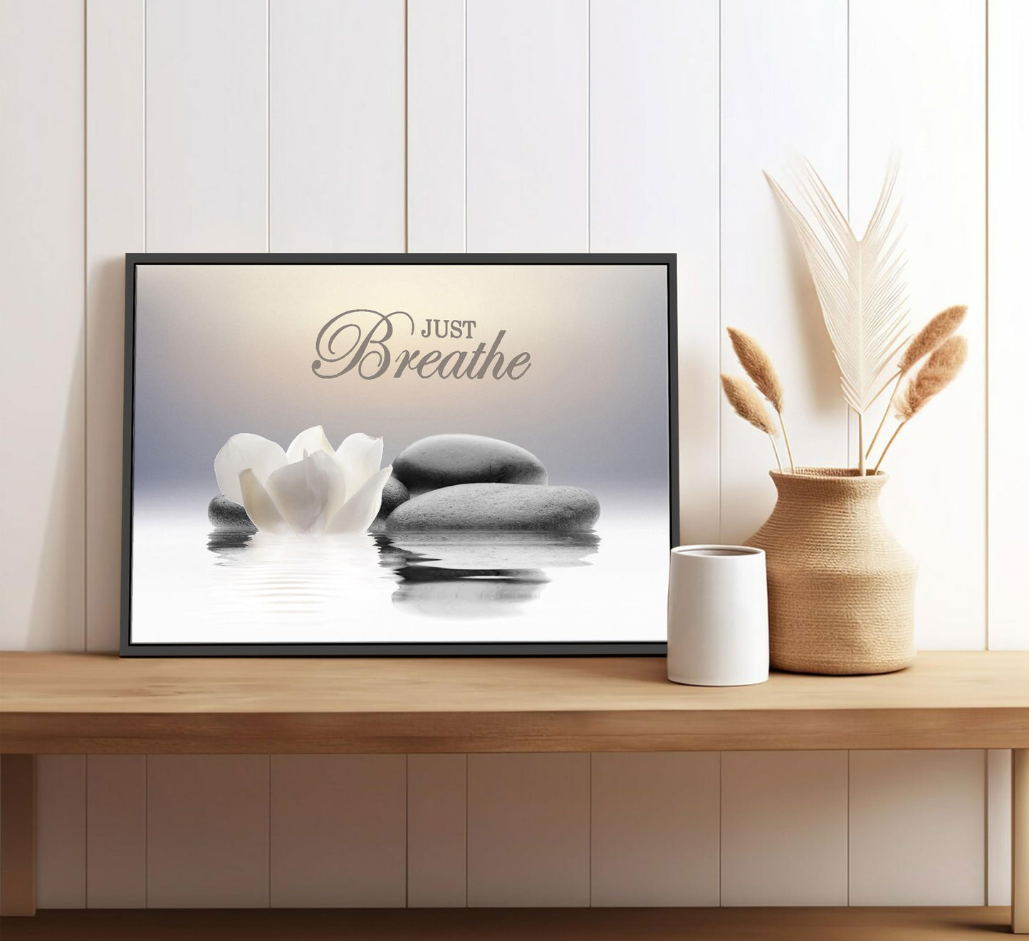 Framed Zen Stone Flower Wall Art White Lotus Just Breathe Yoga Quotes Picture Wall Decor Water Lily Stone Poster Print Artwork for Bathroom Yoga Room Spa Room Meditation Room Office Home Decoration