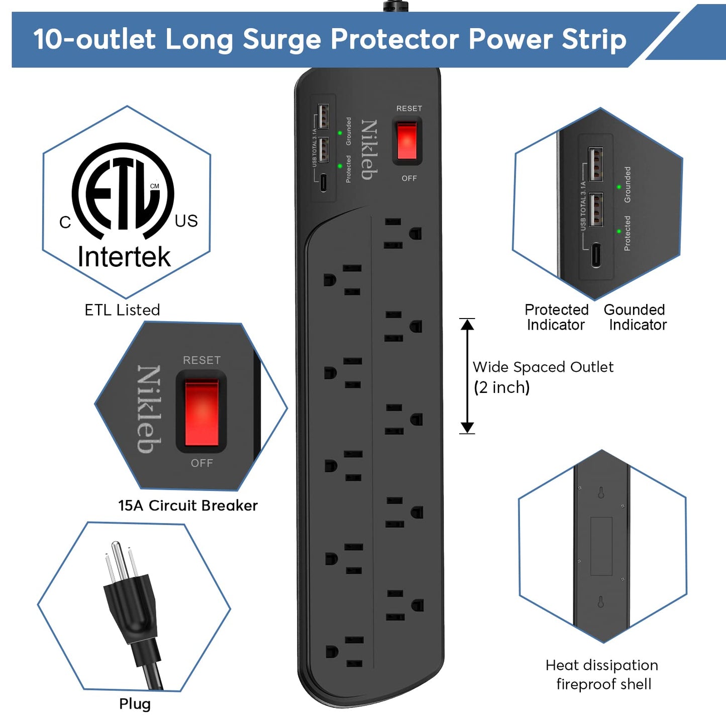 Power Strip 23 in 1, 20 Outlets Surge Protector Wall Mount with 2 USB+1 USB C Ports, Multi Plug Extension Cord 6ft Heavy Duty, Accessories for Gaming, Studio, Home, Office, Desk Organizers