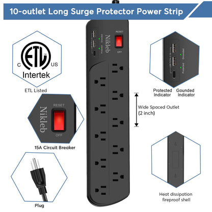 Power Strip 23 in 1, 20 Outlets Surge Protector Wall Mount with 2 USB+1 USB C Ports, Multi Plug Extension Cord 6ft Heavy Duty, Accessories for Gaming, Studio, Home, Office, Desk Organizers