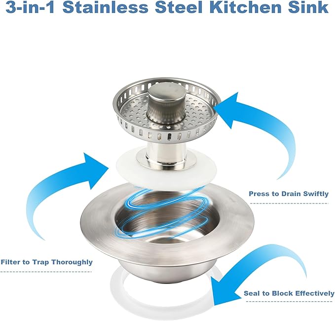 Kitchen Sink Drain Strainer, Stainless Steel 3-in-1 Pop-up Sink Stopper